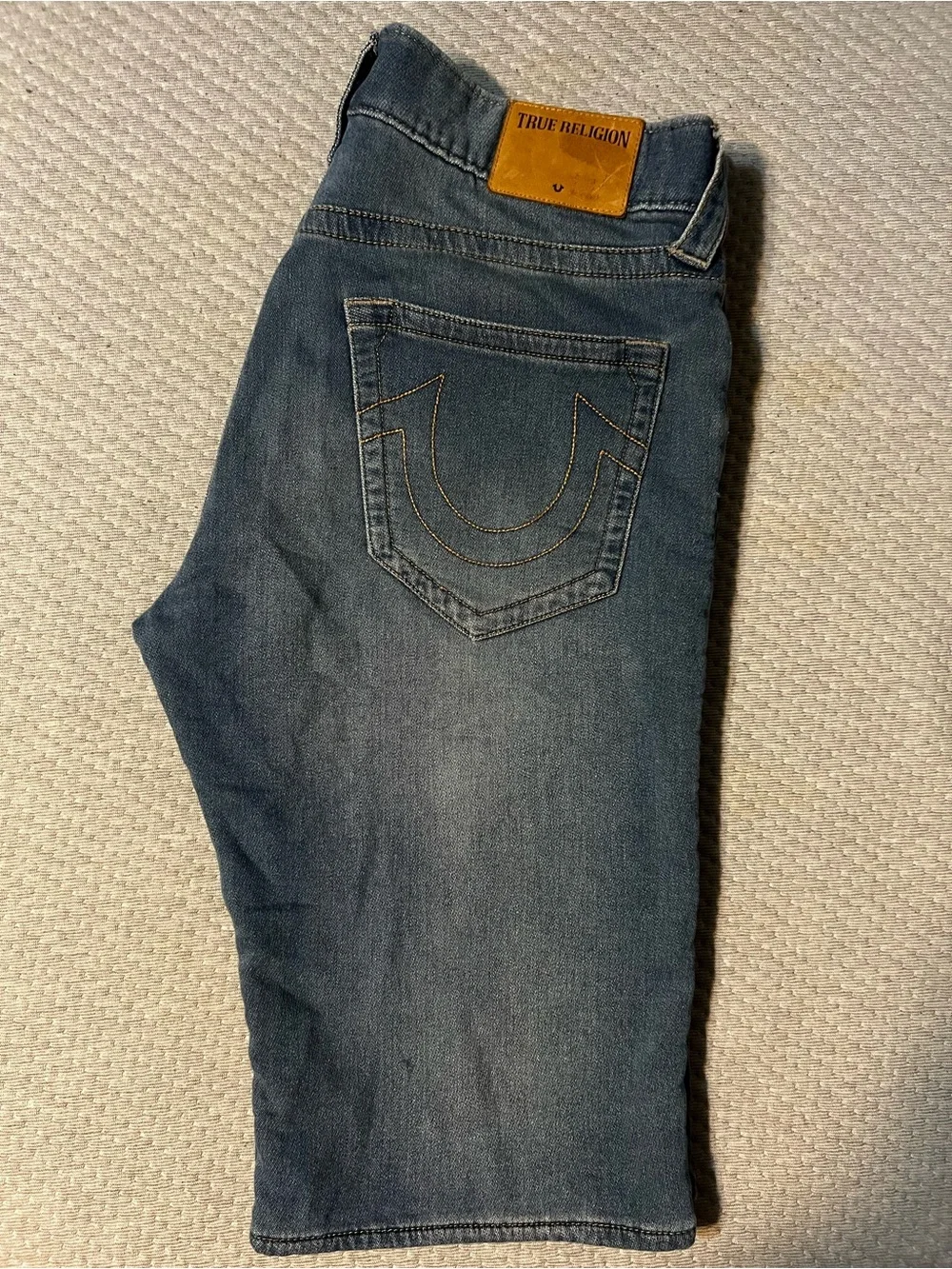 True Religion Light Blue Denim Shorts with Signature Back Pockets